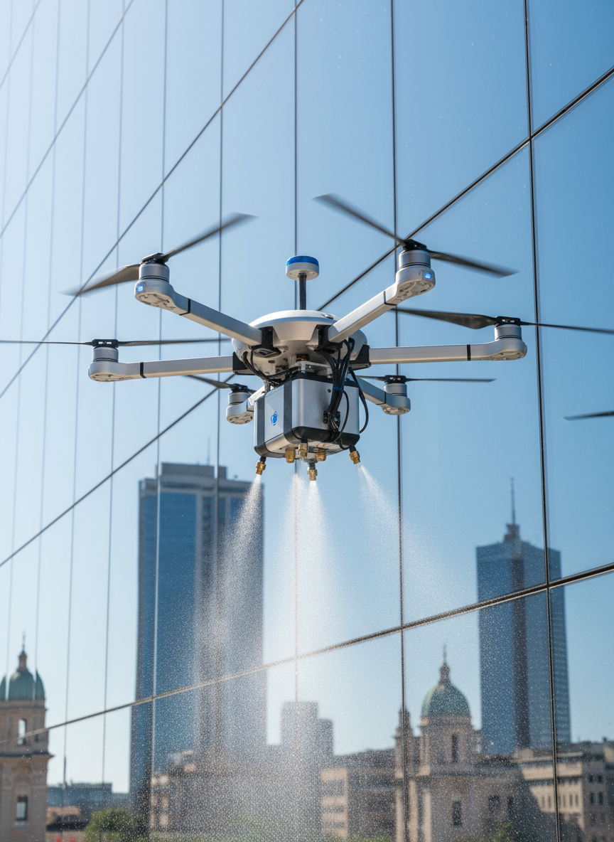 A sleek industrial cleaning drone with four carbon-fiber rotors and a compact water-spraying module hovers close to a tall glass office facade, its nozzles releasing a precise, even mist. The reflective blue-tinted windows stretch upward, showing a crisp, mirrored cityscape. Shot in photographic realism from a slightly low, three-quarter angle, the drone is in sharp focus while the distant skyline softly blurs. Clear late-morning light creates clean reflections and subtle highlights on metal and glass, emphasizing precision and technology. The mood is highly professional and efficient, with a clean, modern aesthetic that conveys fast, scaffold-free cleaning in an urban North Italian business district.