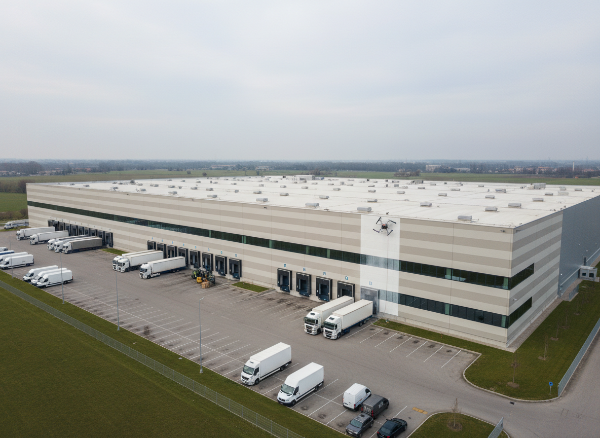 A wide aerial view of a modern logistics warehouse in Northern Italy with a professional cleaning drone working along its high, light-colored facade. The rectangular structure features long bands of windows and metal cladding, with the compact drone moving methodically across the surface, leaving a noticeably brighter cleaned strip. Photographic realism with soft, slightly overcast daylight that reduces glare and emphasizes uniform color and texture on the facade. Captured from an elevated, diagonal perspective that shows the surrounding parking area, loading bays, and orderly layout. The mood is orderly, reliable, and cost-efficient, showcasing how drone cleaning reaches high elevations without scaffolding, integrating seamlessly into an industrial business environment.