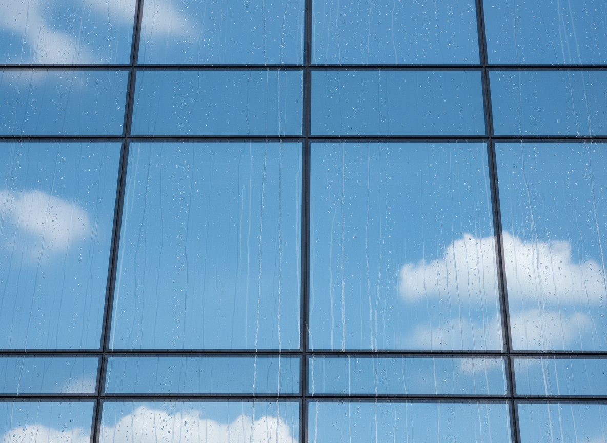 A high-detail close-up of a wet glass curtain wall segment on a commercial building immediately after a drone cleaning pass. Water droplets bead and slide down the flawless glass, revealing a crisp, clear view of the structured metallic mullions and the sharp reflection of a blue, partly cloudy Northern Italian sky. No drone is seen; only its effect is visible. Photographic realism with strong but diffused daylight, creating subtle gradients of brightness across the surface and gentle, vertical streaks where runoff has just occurred. Shot straight-on with a slightly off-center composition, emphasizing geometry, cleanliness, and transparency. The mood is ultra-clean, technical, and reassuring, ideal as an abstract yet highly relevant background visual for a professional cleaning service site.