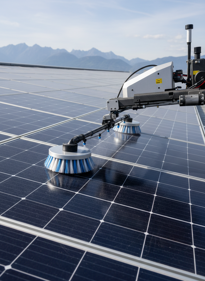 A detailed close-up of a professional cleaning drone’s underside as it passes over a large photovoltaic solar panel array on a gently sloped industrial roof in Northern Italy. The drone’s articulated spray bar and rotating soft-bristle head glide just above the dark blue glass panels, leaving a visibly cleaner, streak-free surface behind. Photographic realism with crisp midday sunlight, casting defined but soft-edged shadows and making the solar cells’ grid pattern and metallic frames clearly visible. Captured from a low, side angle along the panel rows, with strong depth leading toward hazy mountains in the distance. The atmosphere is precise, eco-conscious, and technical, highlighting efficiency and energy optimization through advanced aerial cleaning.