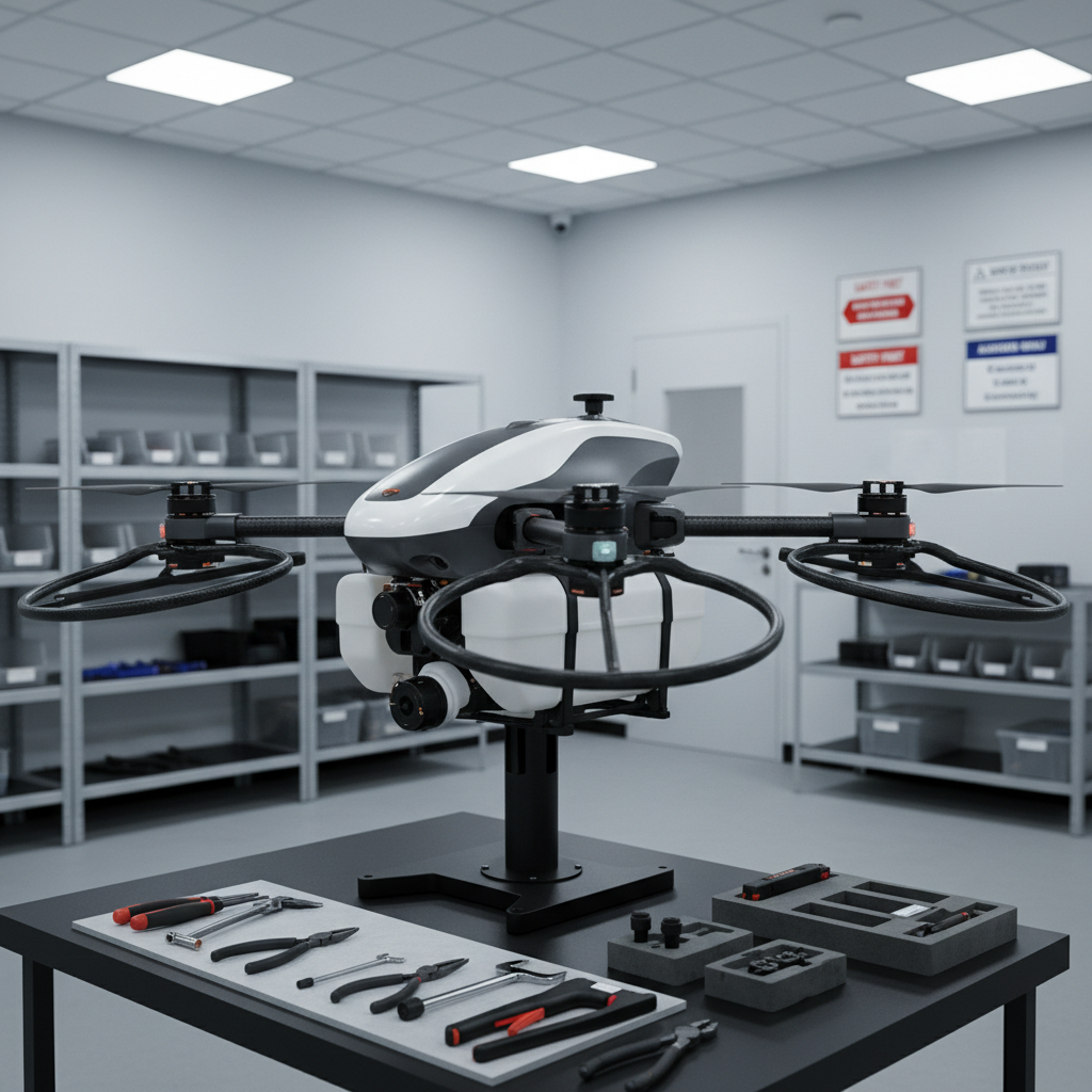 Inside a clean, minimalist industrial control room, a professional-grade drone rests on a matte black maintenance stand, surrounded by neatly arranged tools and labeled components. The drone’s body features a white and dark gray housing with integrated tanks, precision nozzles, and protective propeller guards, all rendered in crisp photographic realism. Cool, even LED ceiling lighting eliminates harsh shadows and highlights fine textures like brushed aluminum, rubber gaskets, and carbon-fiber arms. Captured at eye level with a slightly off-center composition and shallow depth of field, the background shows blurred shelves with organized spare parts and safety signage. The mood is meticulously professional and trustworthy, emphasizing technical reliability, maintenance quality, and safety culture behind drone-based cleaning operations.
