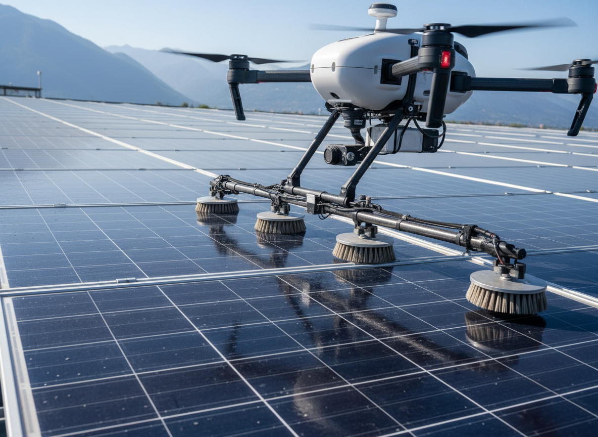 A detailed close-up of a professional cleaning drone’s underside as it passes over a large photovoltaic solar panel array on a gently sloped industrial roof in Northern Italy. The drone’s articulated spray bar and rotating soft-bristle head glide just above the dark blue glass panels, leaving a visibly cleaner, streak-free surface behind. Photographic realism with crisp midday sunlight, casting defined but soft-edged shadows and making the solar cells’ grid pattern and metallic frames clearly visible. Captured from a low, side angle along the panel rows, with strong depth leading toward hazy mountains in the distance. The atmosphere is precise, eco-conscious, and technical, highlighting efficiency and energy optimization through advanced aerial cleaning.