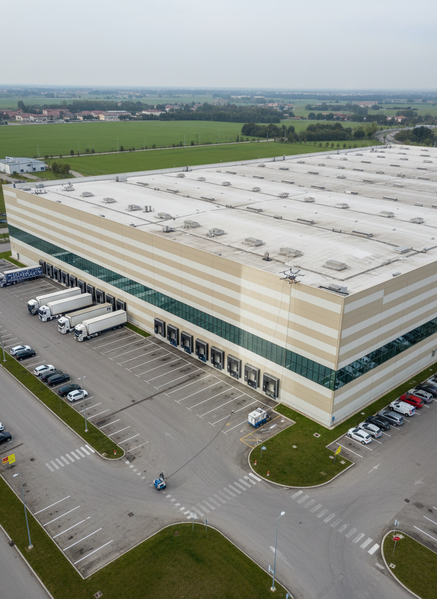 A wide aerial view of a modern logistics warehouse in Northern Italy with a professional cleaning drone working along its high, light-colored facade. The rectangular structure features long bands of windows and metal cladding, with the compact drone moving methodically across the surface, leaving a noticeably brighter cleaned strip. Photographic realism with soft, slightly overcast daylight that reduces glare and emphasizes uniform color and texture on the facade. Captured from an elevated, diagonal perspective that shows the surrounding parking area, loading bays, and orderly layout. The mood is orderly, reliable, and cost-efficient, showcasing how drone cleaning reaches high elevations without scaffolding, integrating seamlessly into an industrial business environment.